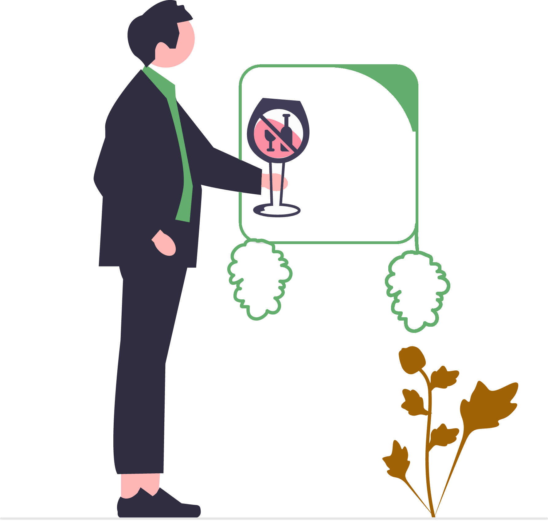 Person holding wine glass near vines illustration.
