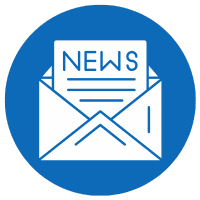 Envelope with newsletter icon on blue background.