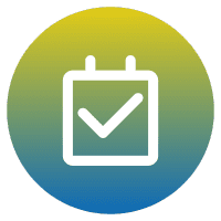 Calendar icon with checkmark, gradient background.